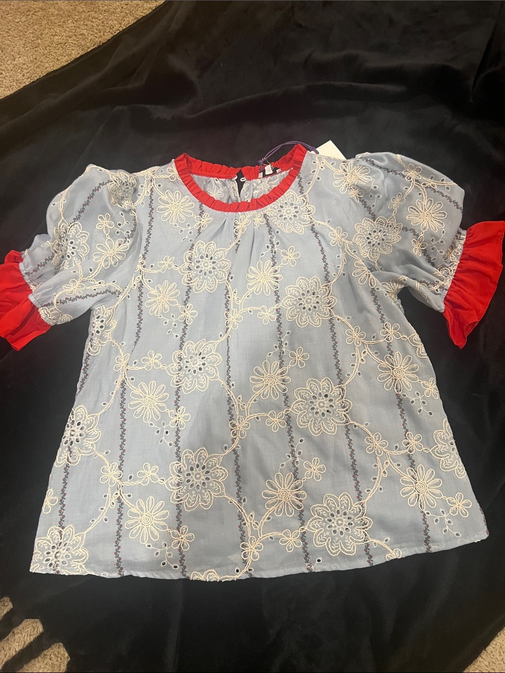 NWT Voy Lettie Top Blue Eyelet Floral Top with Red Trim